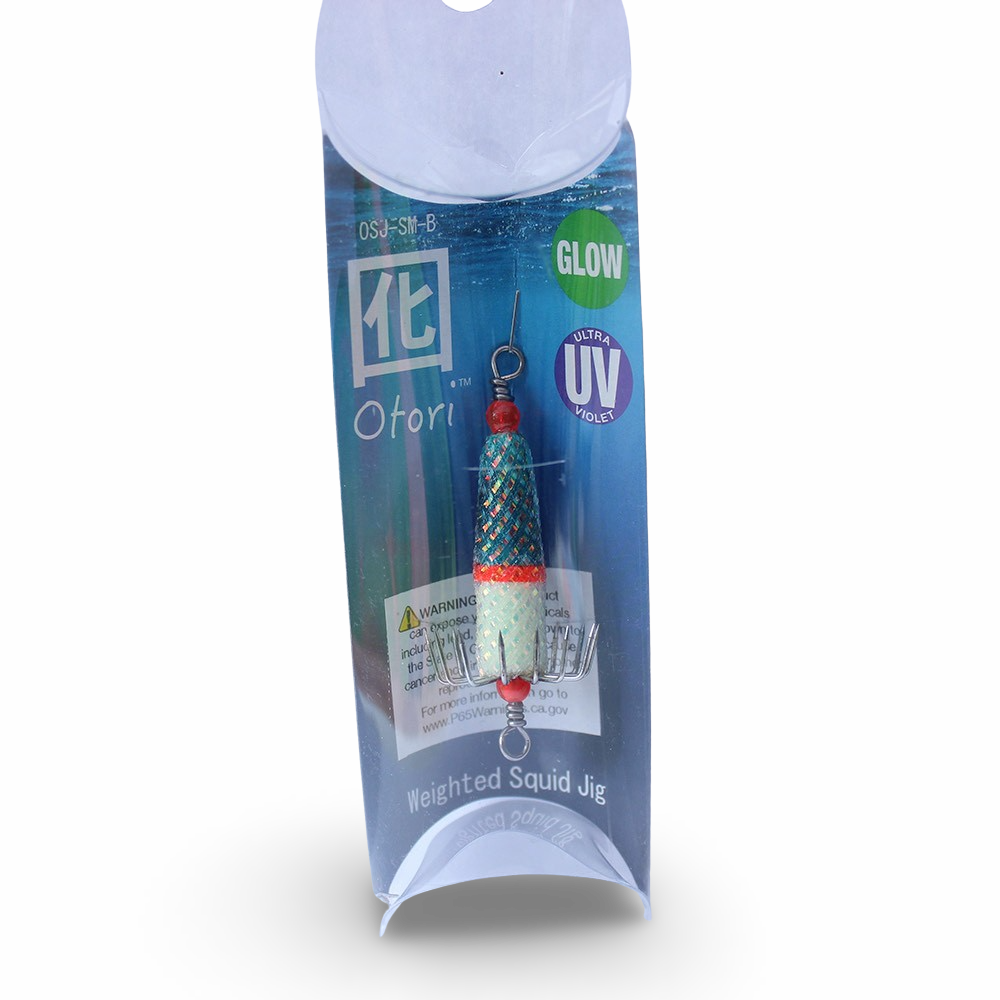 Beau Mac Otori squid jig deluxe skinny in Blue Glow UV color for squid fishing in the Pacific Northwest
