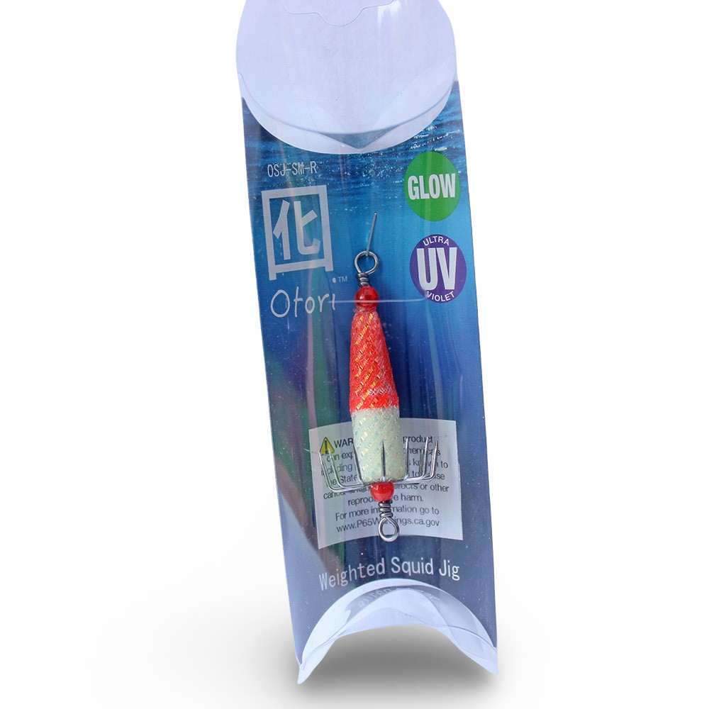 Beau Mac Otori squid jig deluxe skinny in Red Glow UV color for squid fishing in the Pacific Northwest