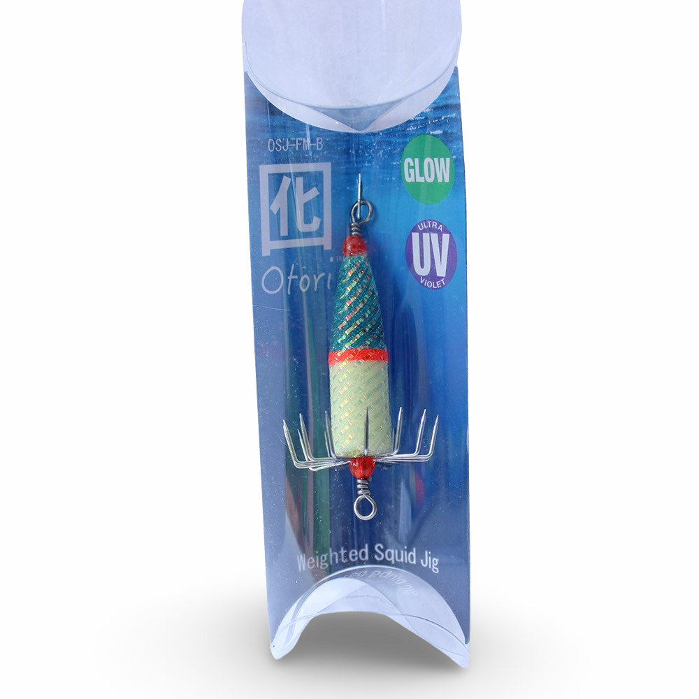 Beau Mac Otori squid jig deluxe standard in Blue Glow UV color for squid fishing in the Pacific Northwest