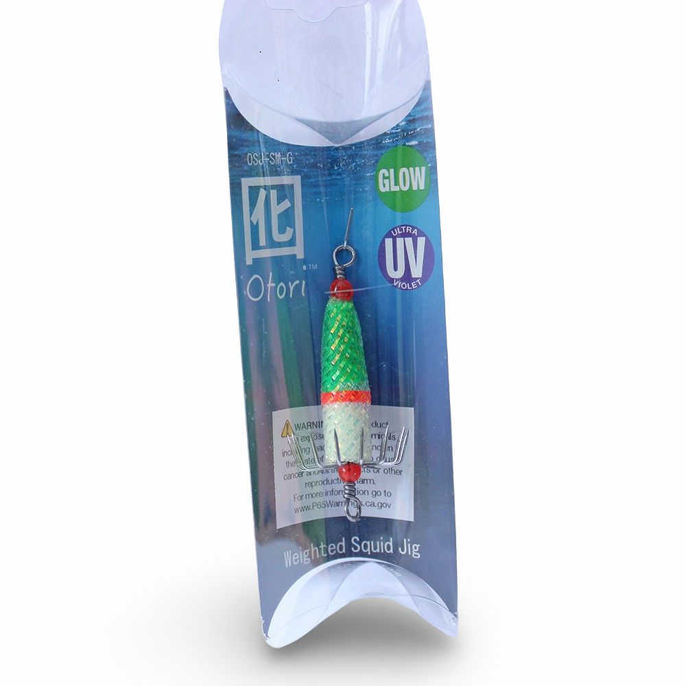 Beau Mac Otori squid jig deluxe standard in Green Glow UV color for squid fishing in the Pacific Northwest