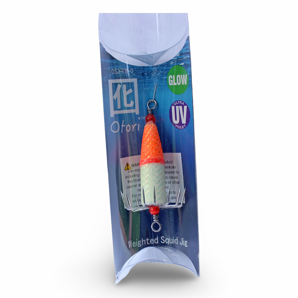 Beau Mac Otori squid jig deluxe standard in Orange Glow UV color for squid fishing in the Pacific Northwest
