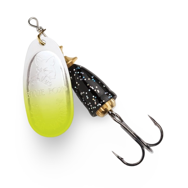 blue and yellow vibration fishing lures Fox Classic Vibrax Spinner | Gilded Firetiger; 2 plated machined brass body with a stainless steel shaft Blue Fox Classic Vibrax Northern
