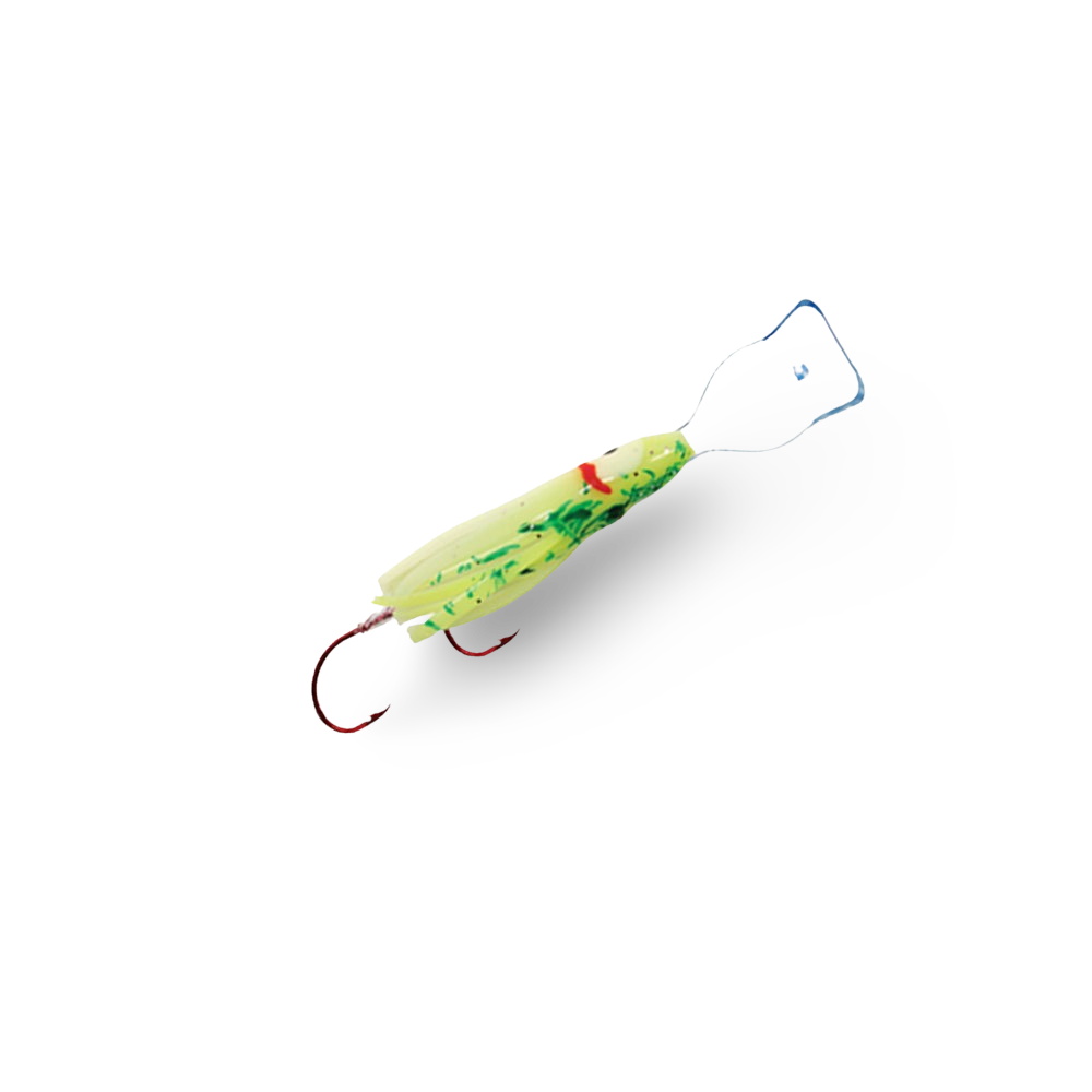 Mack's Pee Wee Wiggle Hoochie 1.5" - Chart Green Spatter Back Glow