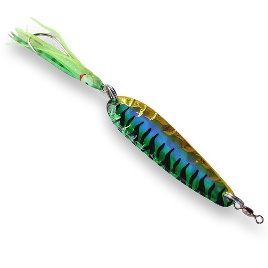 McOmies' Champion Glow Spoon with Hoochie - Green Fire Tiger