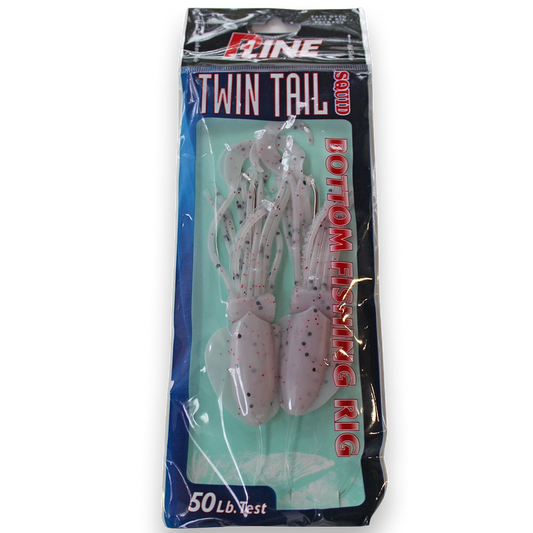 P-Line Twin Tail Squid 4.5" 2-Hook Rig - Clear White Black Glitter