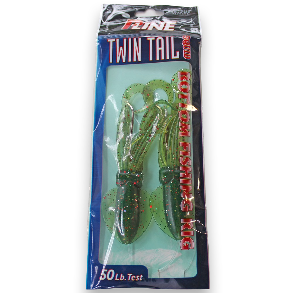 P-Line Twin Tail Squid 4.5" 2-Hook Rig - Motor Oil Glitter