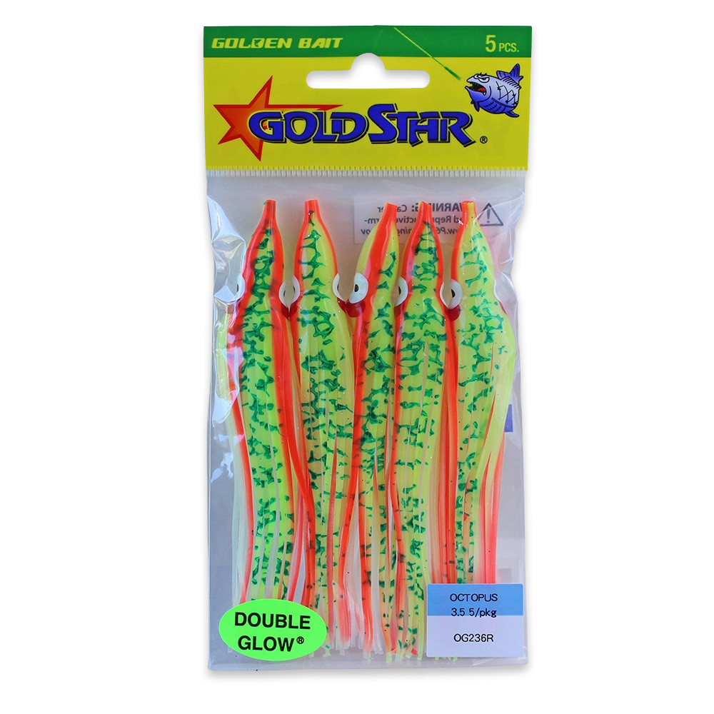 Gold Star Squid #35 Octopus 4-1/4", Glow Red Racer Chartreuse Spatter Back OG236R