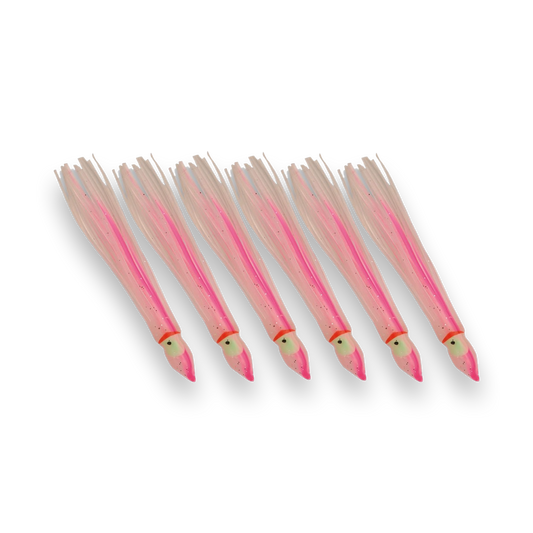 P-Line Sunrise Squid 3.5" 6-pack Clear Pearl Double Pink Glow Stripes