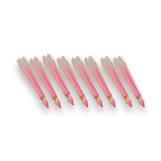 P-Line Sunrise Squid 2.5" 8-pack Clear Pearl Double Pink Glow Stripes