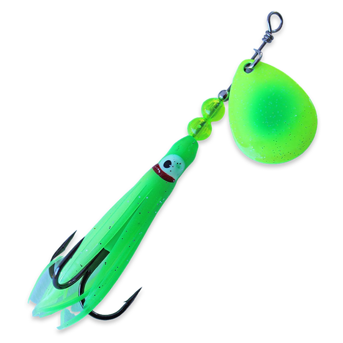 McOmies Mini Colorado Spinner Hoochie UV Green Dot Chartreuse