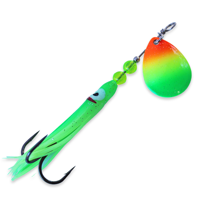 McOmies Mini Colorado Spinner Hoochie UV Green Tip Rainbow