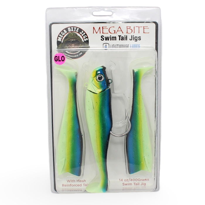 Mega Bite Swim Tail Jigs 14 ounce Glow Herring Aid