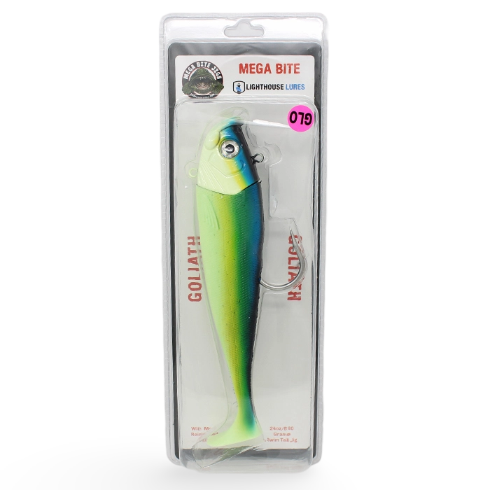 Mega Bite Swim Tail Jigs 24 ounce Glow Herring Aid