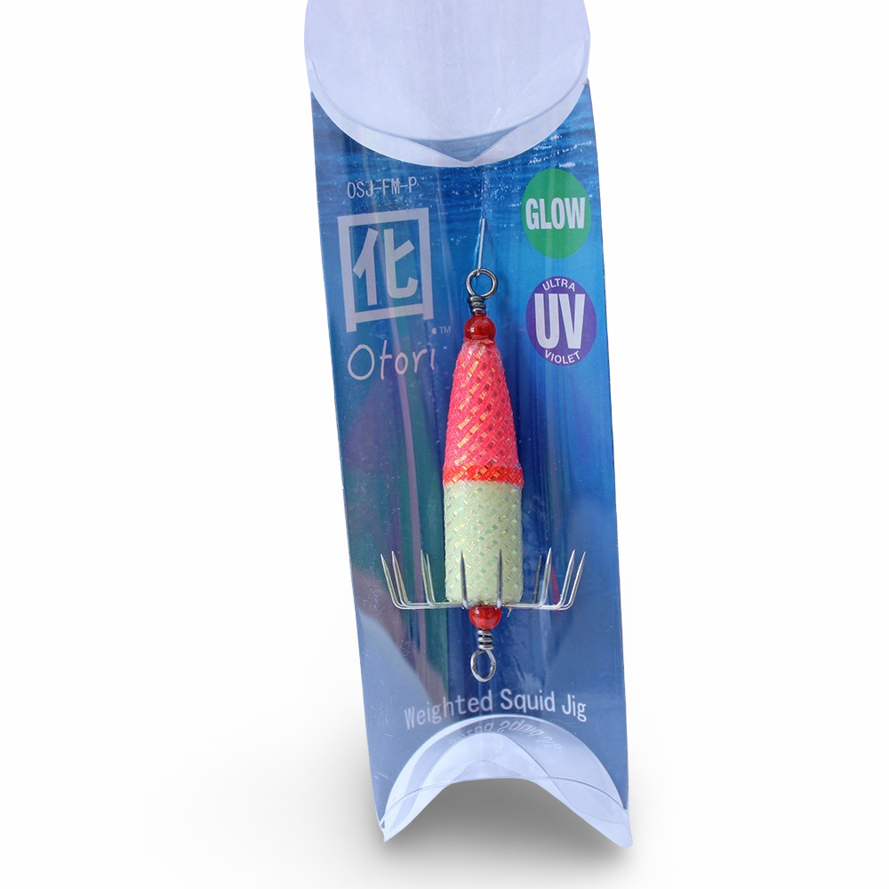 Beau Mac Otori squid jig deluxe standard in Pink Glow UV color for squid fishing in the Pacific Northwest