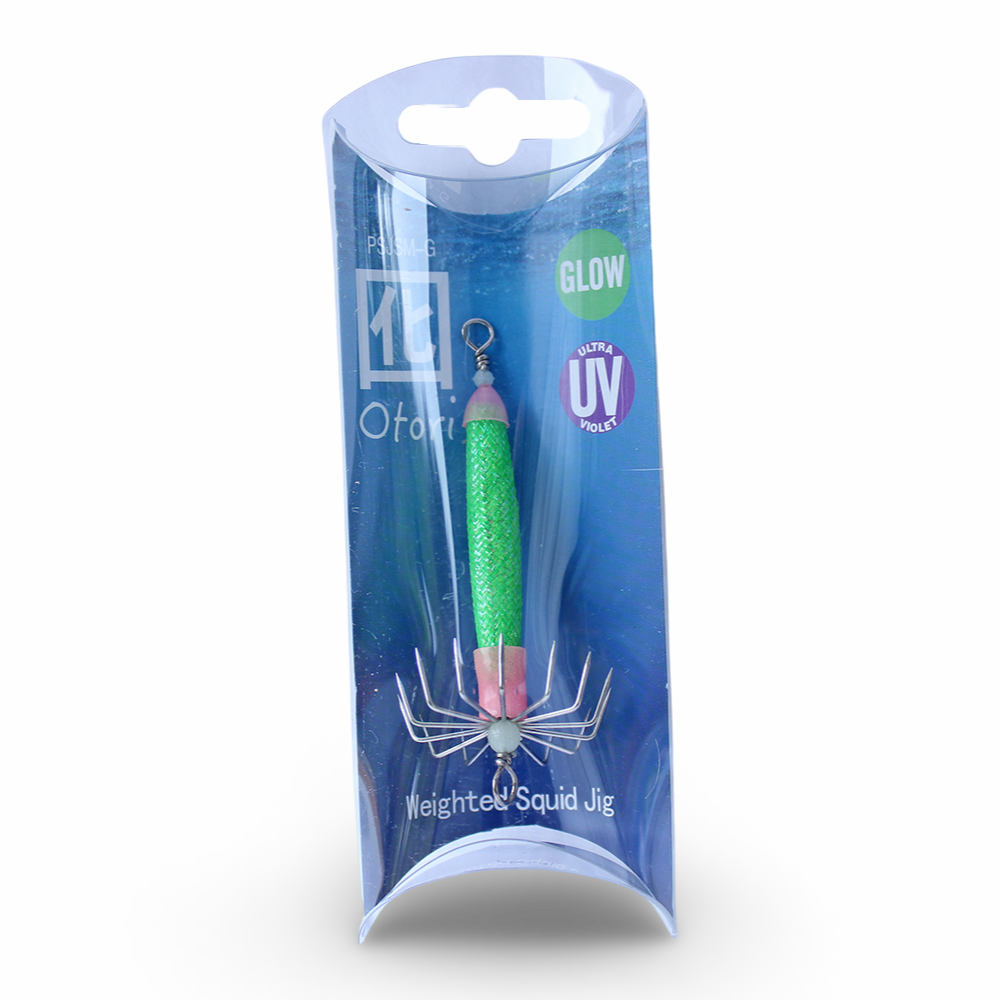 Beau Mac Otori squid jig skinny in Green Glow UV color for squid fishing in the Pacific Northwest
