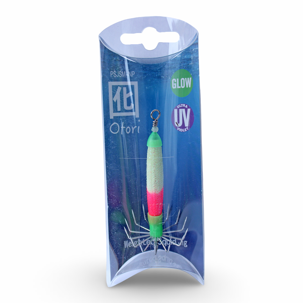 Beau Mac Otori squid jig skinny in Natural Glow Pink UV color for squid fishing in the Pacific Northwest