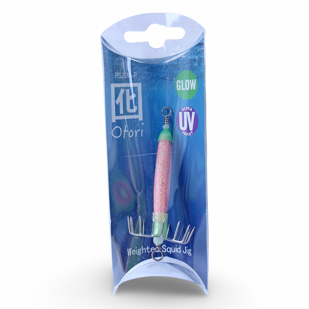 Beau Mac Otori squid jig skinny in Pink Glow UV color for squid fishing in the Pacific Northwest