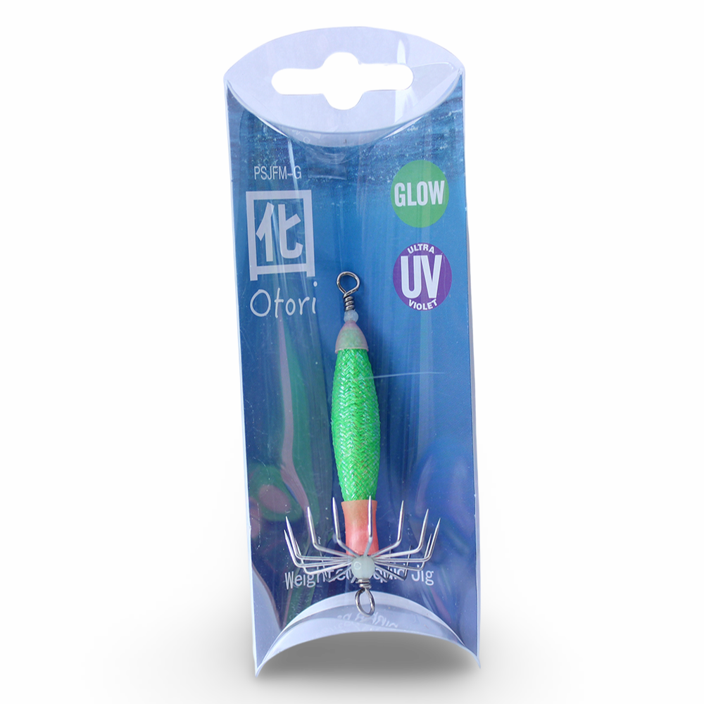 Beau Mac Otori squid jig standard in Green Glow UV color for squid fishing in the Pacific Northwest

