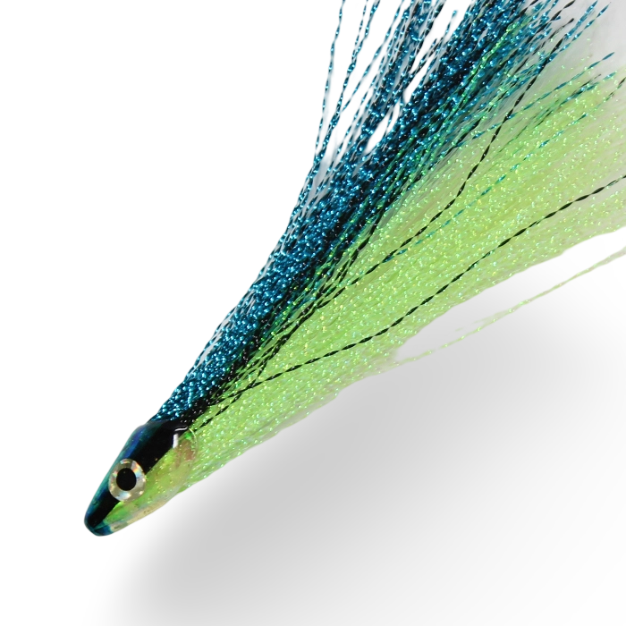 Grand Slam Bucktails in Twelve with blue and chartreuse color for salmon, trout, and halibut fishing