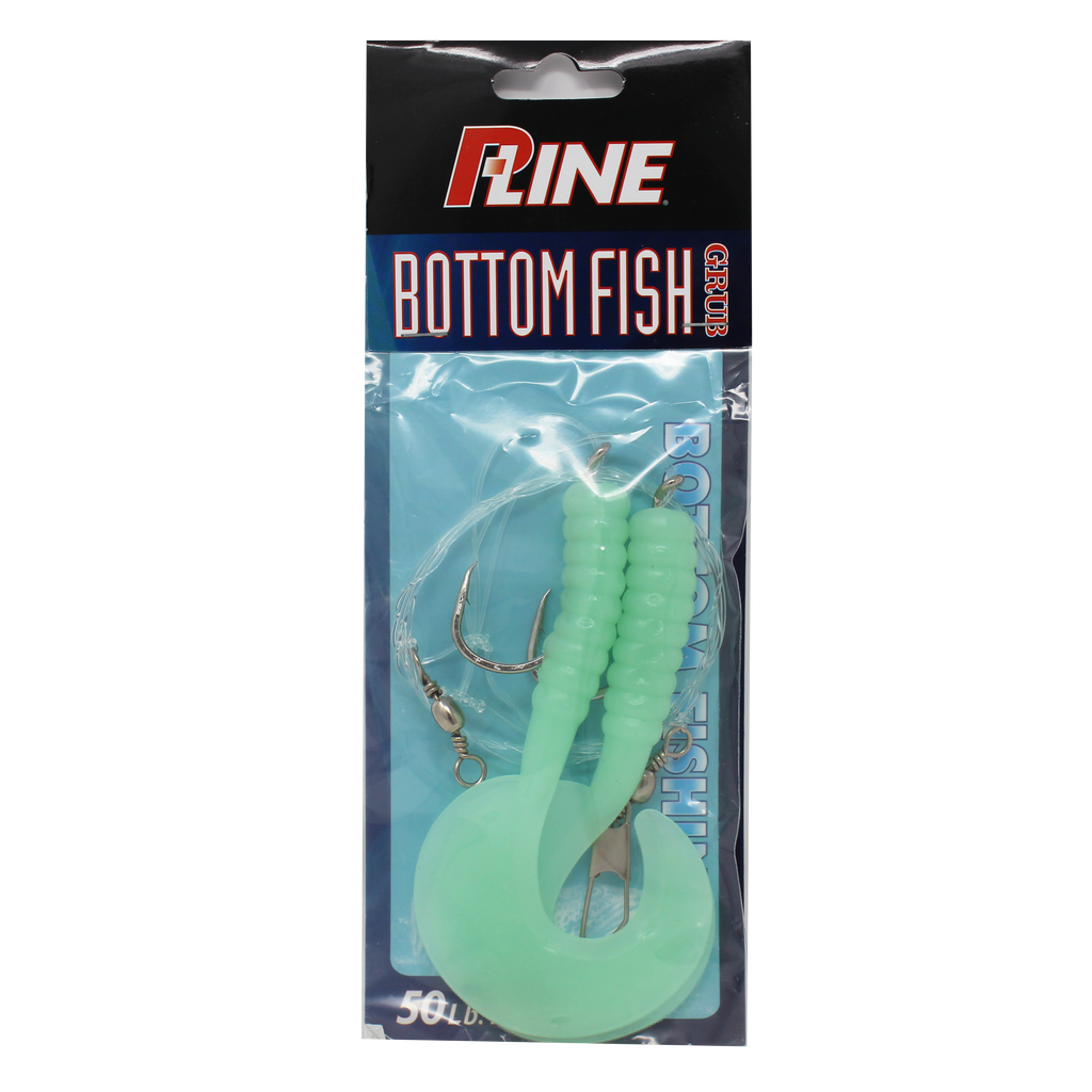 P-Line Bottom Fish Rig 4 Grub, 7/0 Hook, 2 Per Rig - Glow