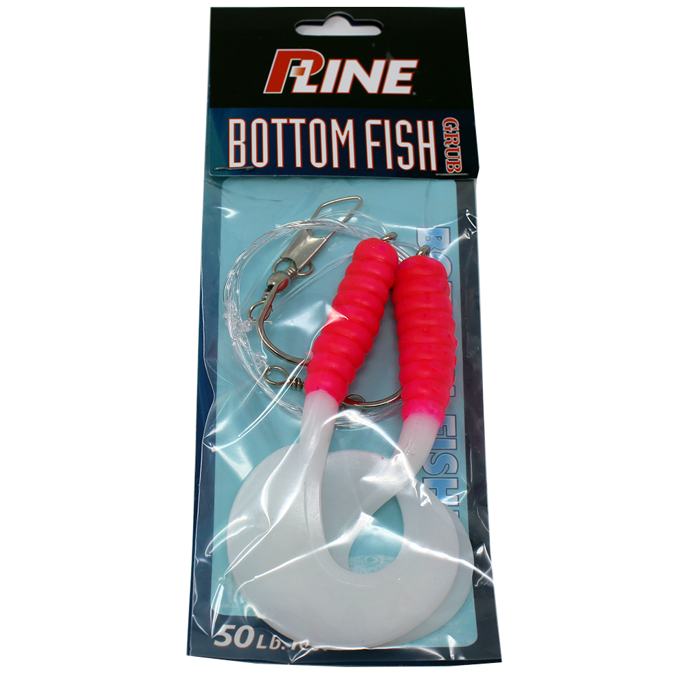 P-Line Bottom Fish Rig 4" Grub, 7/0 Hook, 2 Per Rig - Pink/White