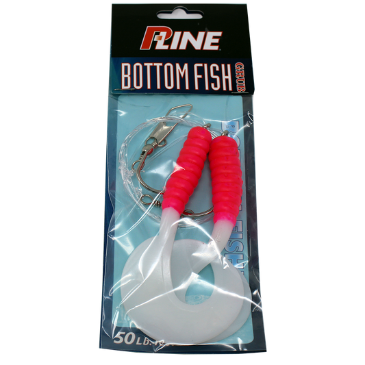 P-Line Bottom Fish Rig 4" Grub, 7/0 Hook, 2 Per Rig - Pink/White