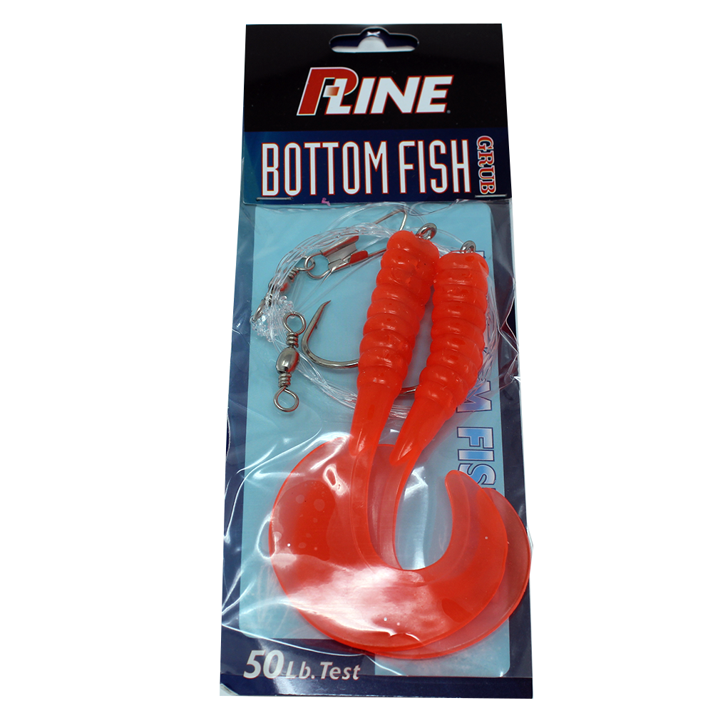 P-Line Bottom Fish Rig 4" Grub, 7/0 Hook, 2 Per Rig - Red Krill