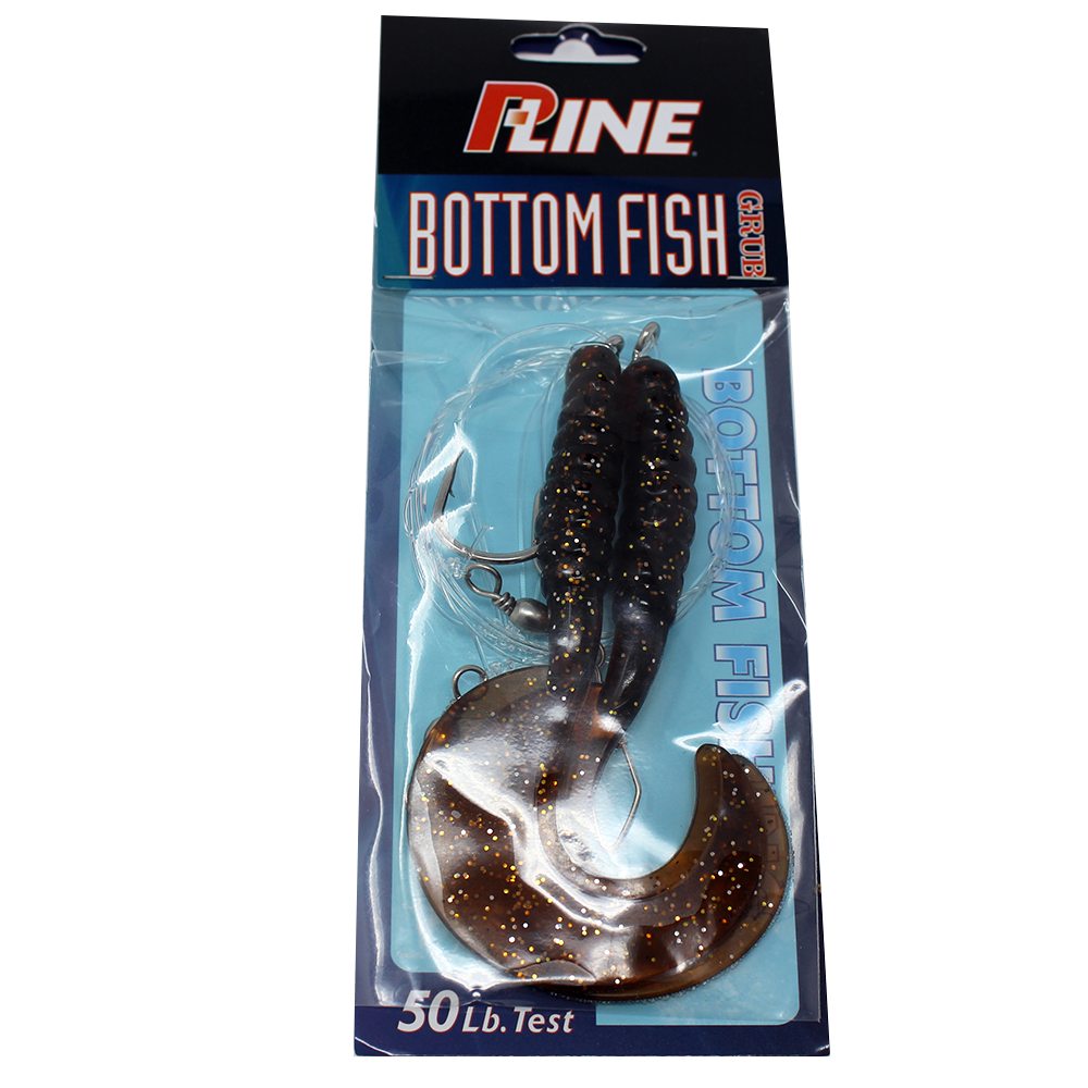 P-Line Bottom Fish Rig 4" Grub, 7/0 Hook, 2 Per Rig - Root Beer