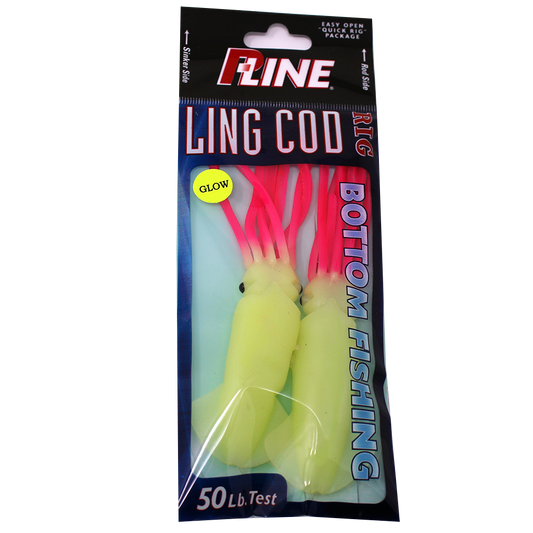 P-Line Lingcod Rig 4.5" Squid, 2 Per Rig - Glow Pink Legs